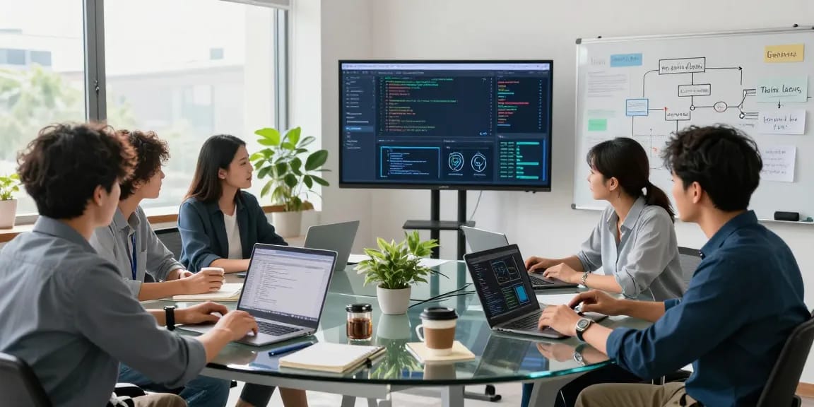 A collaborative team in a modern office discussing projects, aligning on software development strategies showcased on the WPS Official Website.