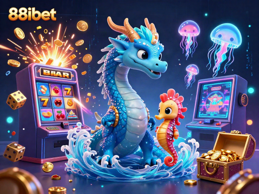Experience thrilling gaming at 88ibet with a vibrant 3D scene of casino action, including dragons, jackpots, and seahorse knights.