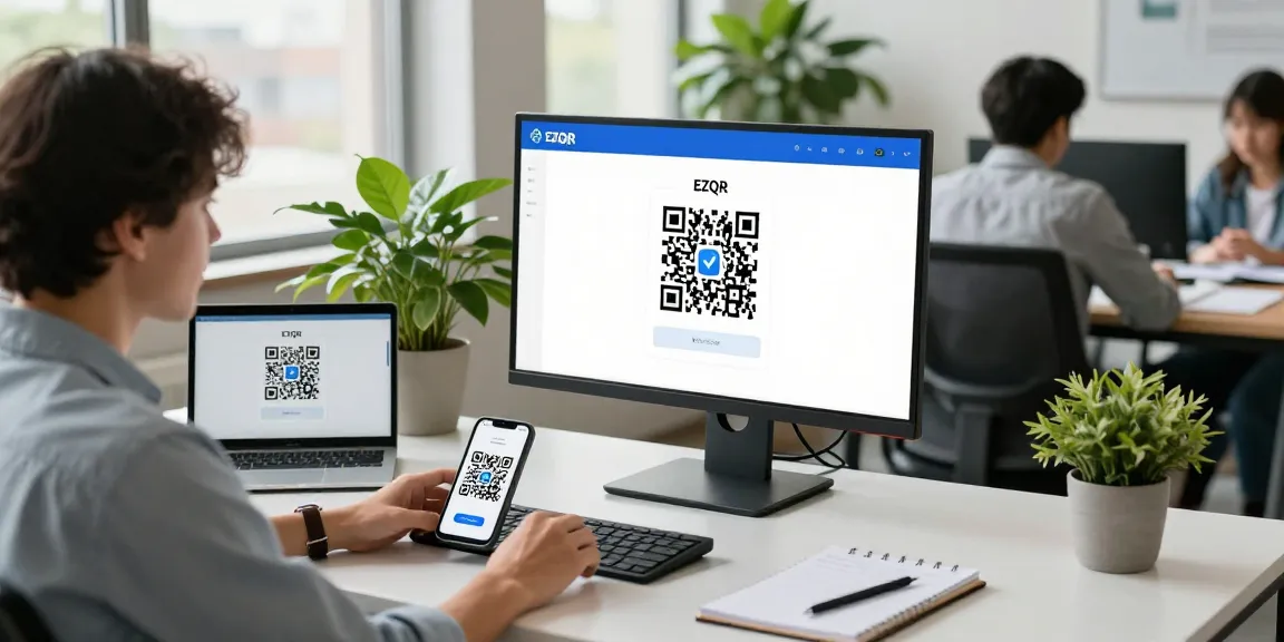 Creating custom QR codes using the Free QR Code Generator in a modern office.