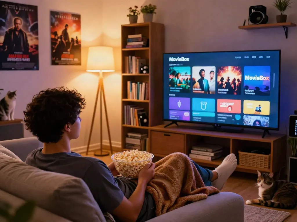 Enjoying the Movie Box app for streaming in a cozy living room.