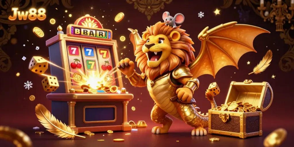Experience Jw88's thrilling gaming scene with a chimera creature and a jackpot explosion, showcasing dynamic casino elements.