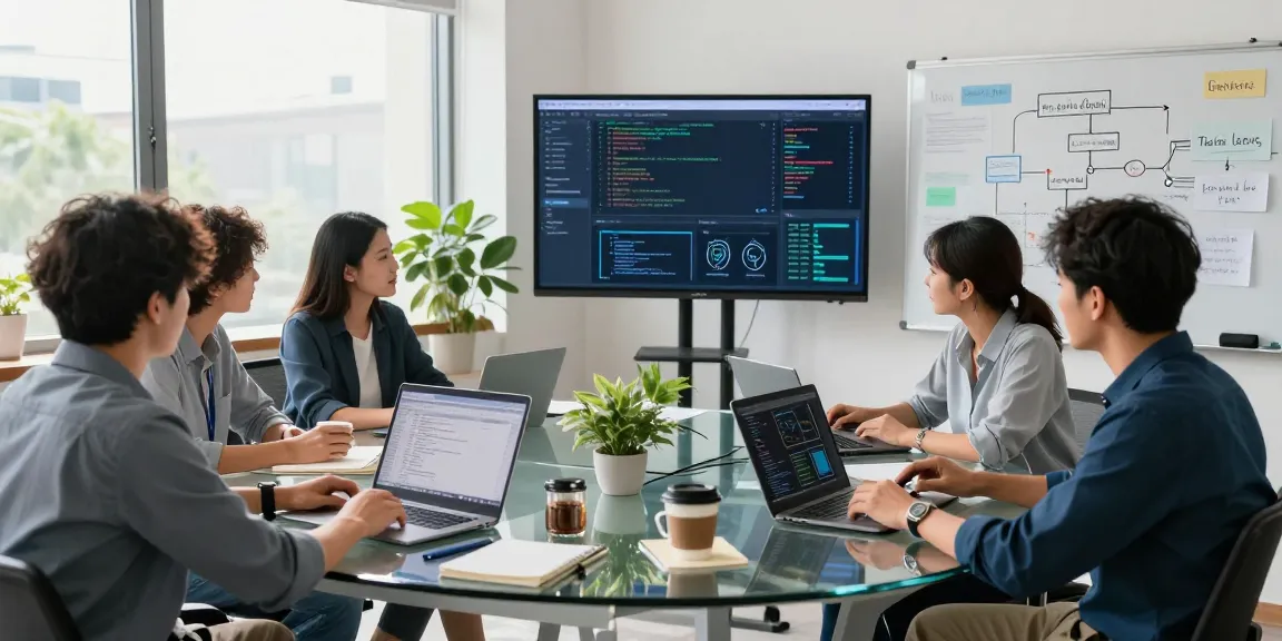 A collaborative team in a modern office discussing projects, aligning on software development strategies showcased on the WPS Official Website.