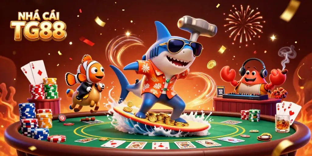 Experience the thrill of NHÀ CÁI TG88 in this vibrant 3D casino scene filled with gaming elements.